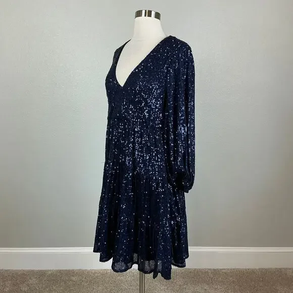 Eliza J Sequined Long Sleeve A-Line V-Neck Mini Cocktail Dress Navy Blue Size 8 - Picture 5 of 13